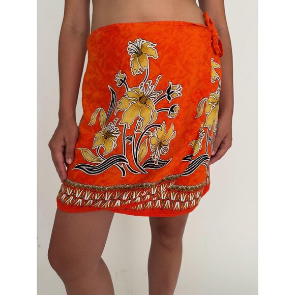 90s vintage orange hawaiian floral print mini wrap skirt beach cover up one size - Picture 5 of 7
